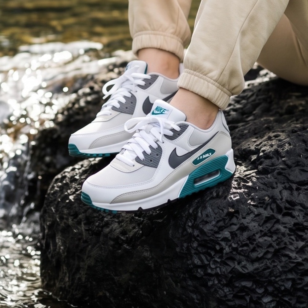 Nike Air Max 90 Womens 10 White Grey Teal Metallic Sneakers FB8570-101 - Picture 2 of 11